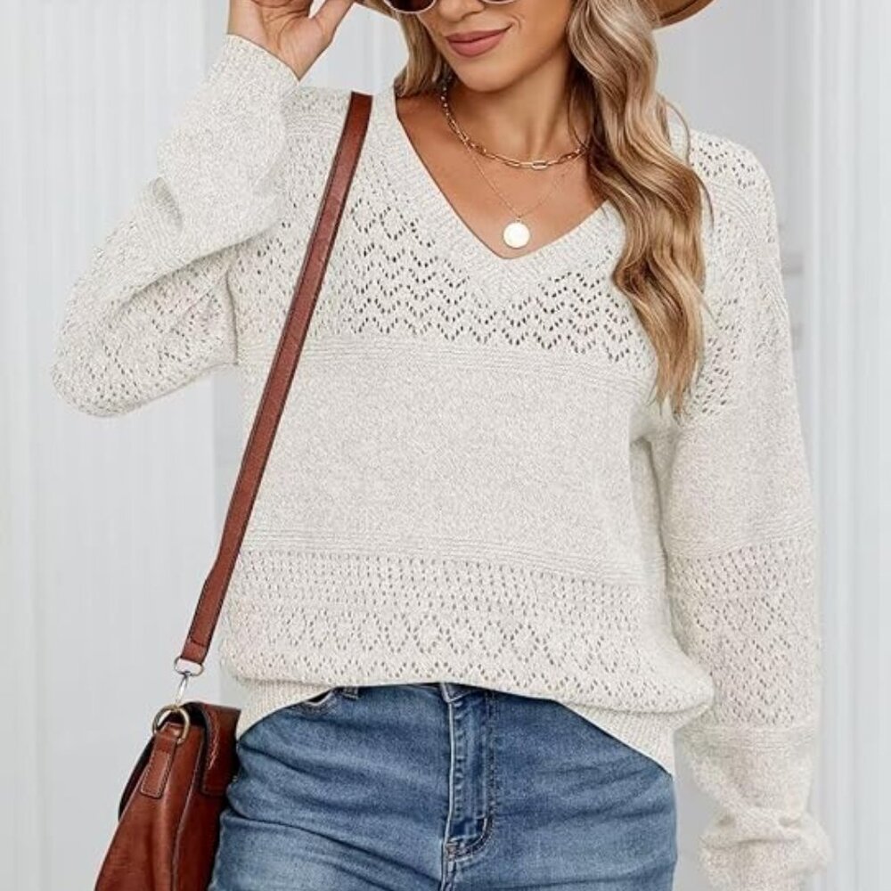 Cream Lightweight V Neck Sweater